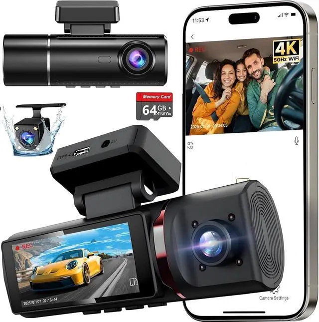 Main image of 3 Channel 4K Dash Cam Front, 1080P Dash Camera Rear and Inside for Cars with 3.16 IPS Screen, 64GB Card, G-Sensor, 24Hr Parking, App Control,Loop Recording, Night Vision,Support 256GB Max