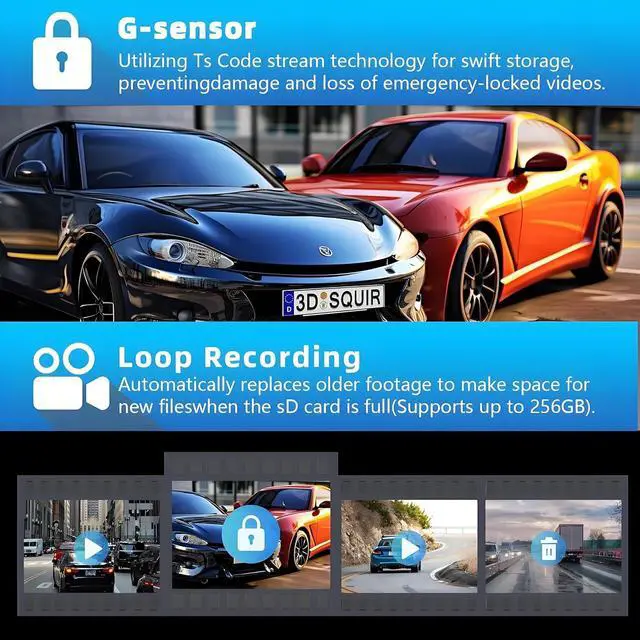 Alt view image 4 of 7 - 3 Channel 4K Dash Cam Front, 1080P Dash Camera Rear and Inside for Cars with 3.16 IPS Screen, 64GB Card, G-Sensor, 24Hr Parking, App Control,Loop Recording, Night Vision,Support 256GB Max