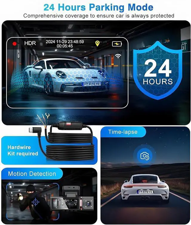 Alt view image 5 of 7 - 3 Channel 4K Dash Cam Front, 1080P Dash Camera Rear and Inside for Cars with 3.16 IPS Screen, 64GB Card, G-Sensor, 24Hr Parking, App Control,Loop Recording, Night Vision,Support 256GB Max