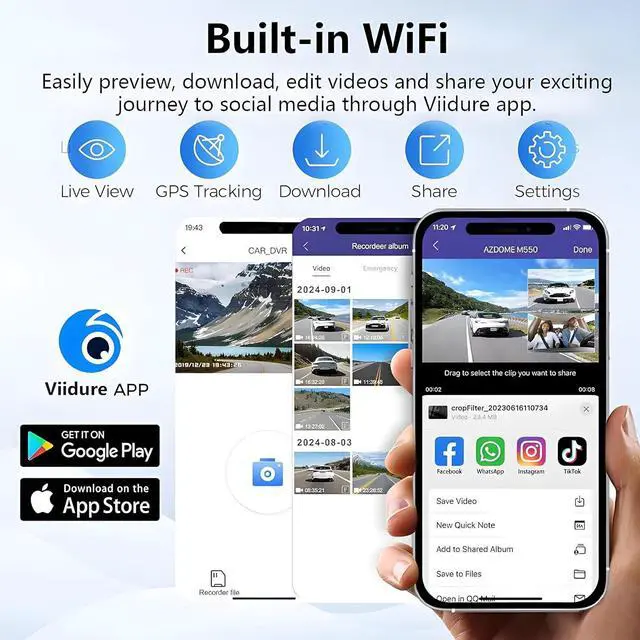 Alt view image 3 of 7 - 3 Channel 4K Dash Cam Front, 1080P Dash Camera Rear and Inside for Cars with 3.16 IPS Screen, 64GB Card, G-Sensor, 24Hr Parking, App Control,Loop Recording, Night Vision,Support 256GB Max