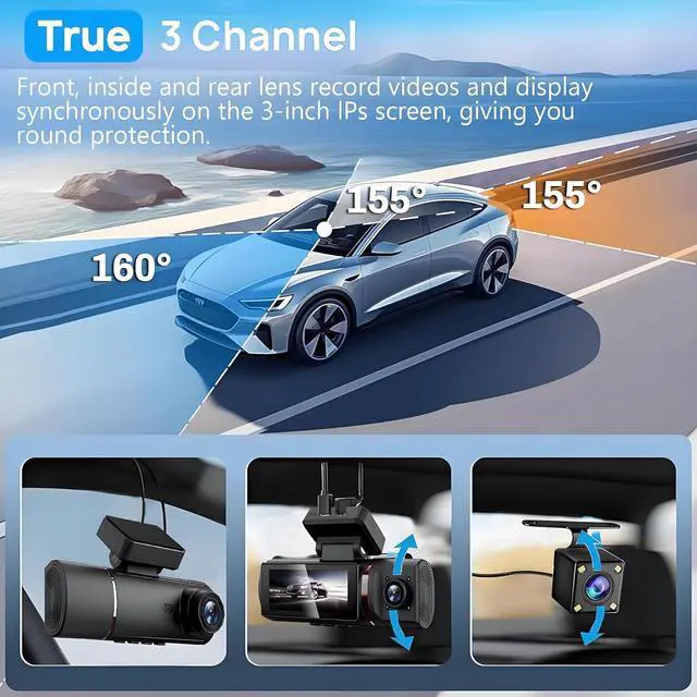 Alt view image 6 of 7 - 3 Channel 4K Dash Cam Front, 1080P Dash Camera Rear and Inside for Cars with 3.16 IPS Screen, 64GB Card, G-Sensor, 24Hr Parking, App Control,Loop Recording, Night Vision,Support 256GB Max