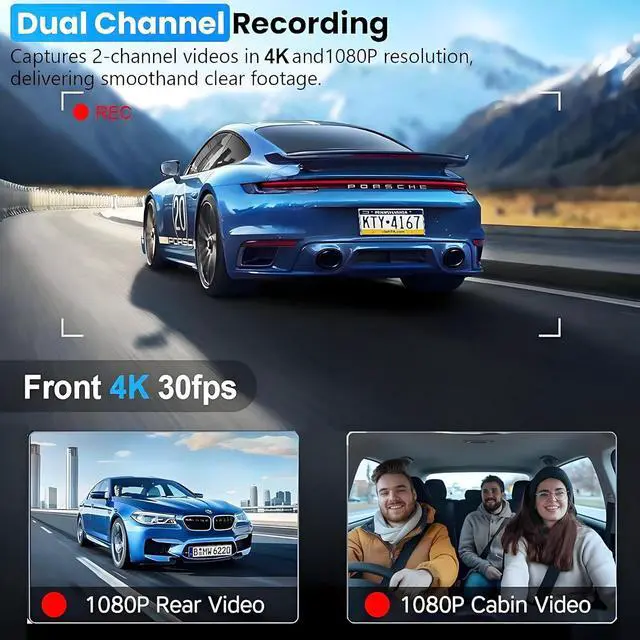 Alt view image 2 of 7 - 3 Channel 4K Dash Cam Front, 1080P Dash Camera Rear and Inside for Cars with 3.16 IPS Screen, 64GB Card, G-Sensor, 24Hr Parking, App Control,Loop Recording, Night Vision,Support 256GB Max
