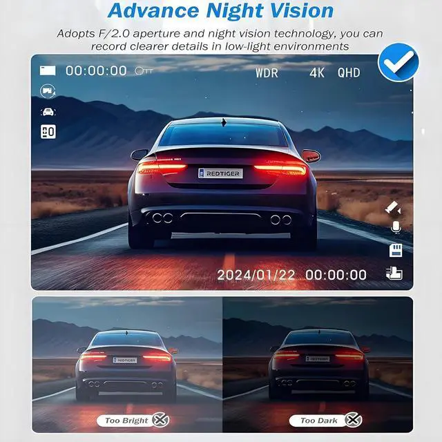 Alt view image 7 of 7 - 3 Channel 4K Dash Cam Front, 1080P Dash Camera Rear and Inside for Cars with 3.16 IPS Screen, 64GB Card, G-Sensor, 24Hr Parking, App Control,Loop Recording, Night Vision,Support 256GB Max