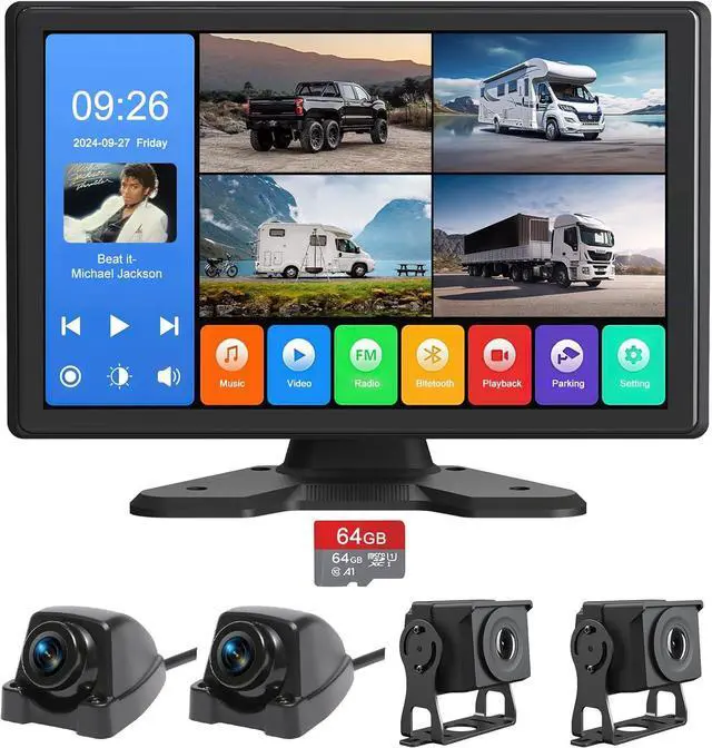 Main image of 4 Channel Backup Camera System,Touchable 10.26 inch Monitor with DVR Stereo, 64GB Card, IP69 Waterproof, Nightvision 1080P Backup Camera for RV/Truck/Trailer Pickup,Rear Side Front Wired System