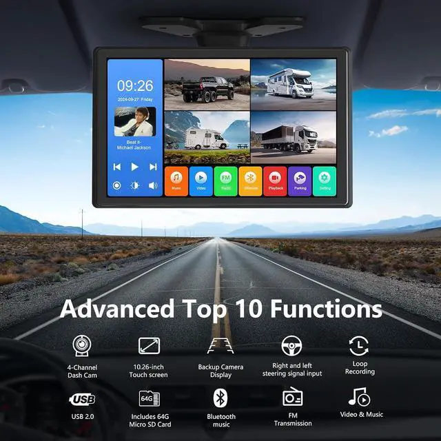 Alt view image 2 of 6 - 4 Channel Backup Camera System,Touchable 10.26 inch Monitor with DVR Stereo, 64GB Card, IP69 Waterproof, Nightvision 1080P Backup Camera for RV/Truck/Trailer Pickup,Rear Side Front Wired System