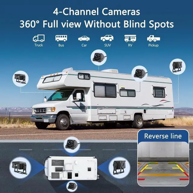 Alt view image 4 of 6 - 4 Channel Backup Camera System,Touchable 10.26 inch Monitor with DVR Stereo, 64GB Card, IP69 Waterproof, Nightvision 1080P Backup Camera for RV/Truck/Trailer Pickup,Rear Side Front Wired System