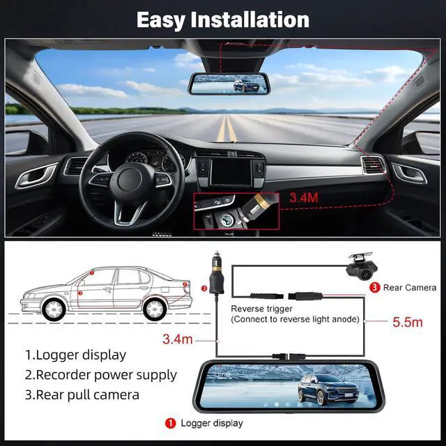 Alt view image 7 of 7 - Rear View Mirror Camera, Mirror Dash Cam for Car 1080P Front & Rear Mirror Cameras 9.66 Inch HD IPS Full Touch Screen 64G Card Night Vision Motion Detection Loop Recording 24H Parking Monitor G-Sensor