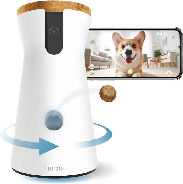 Main image of Furbo 360° Dog Camera: Pet Security Cam w/Barking Alerts, Rotating View, Treat Toss w/Phone App, Smart Home Puppy Monitoring, 2-Way Speaker, No Subscription Needed. Standard See, Talk, & Toss Features