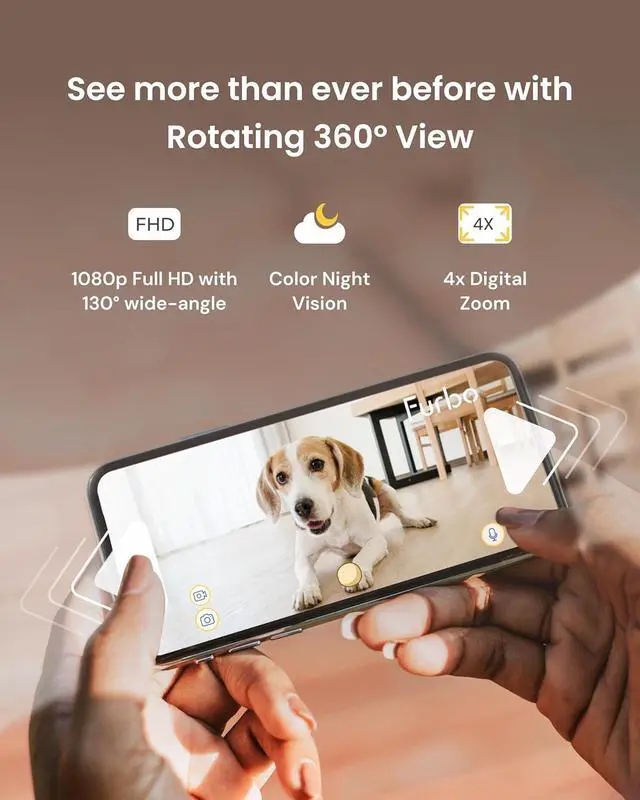 Alt view image 2 of 7 - Furbo 360° Dog Camera: Pet Security Cam w/Barking Alerts, Rotating View, Treat Toss w/Phone App, Smart Home Puppy Monitoring, 2-Way Speaker, No Subscription Needed. Standard See, Talk, & Toss Features