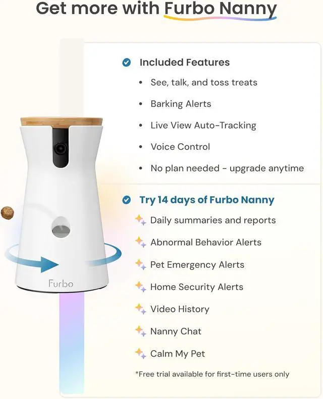Alt view image 4 of 7 - Furbo 360° Dog Camera: Pet Security Cam w/Barking Alerts, Rotating View, Treat Toss w/Phone App, Smart Home Puppy Monitoring, 2-Way Speaker, No Subscription Needed. Standard See, Talk, & Toss Features