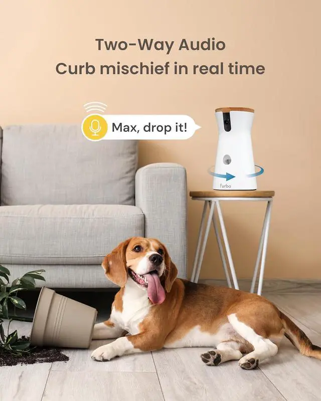 Alt view image 5 of 7 - Furbo 360° Dog Camera: Pet Security Cam w/Barking Alerts, Rotating View, Treat Toss w/Phone App, Smart Home Puppy Monitoring, 2-Way Speaker, No Subscription Needed. Standard See, Talk, & Toss Features