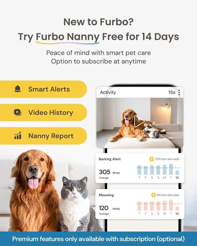 Alt view image 7 of 7 - Furbo 360° Dog Camera: Pet Security Cam w/Barking Alerts, Rotating View, Treat Toss w/Phone App, Smart Home Puppy Monitoring, 2-Way Speaker, No Subscription Needed. Standard See, Talk, & Toss Features