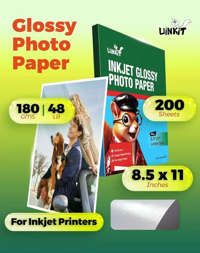 Alt view image 2 of 7 - Uinkit 200 sheets Bright White Single Sided Glossy Photo Paper 8.5x11 Letter Size 180gsm 48lb Instant Dry Dye Inkjet Paper, Smudge Resistant Professional Printing Papers for Home/Office Trial Use