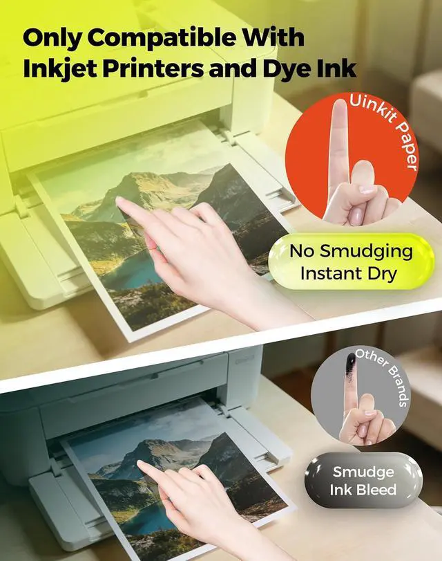Alt view image 5 of 7 - Uinkit 200 sheets Bright White Single Sided Glossy Photo Paper 8.5x11 Letter Size 180gsm 48lb Instant Dry Dye Inkjet Paper, Smudge Resistant Professional Printing Papers for Home/Office Trial Use