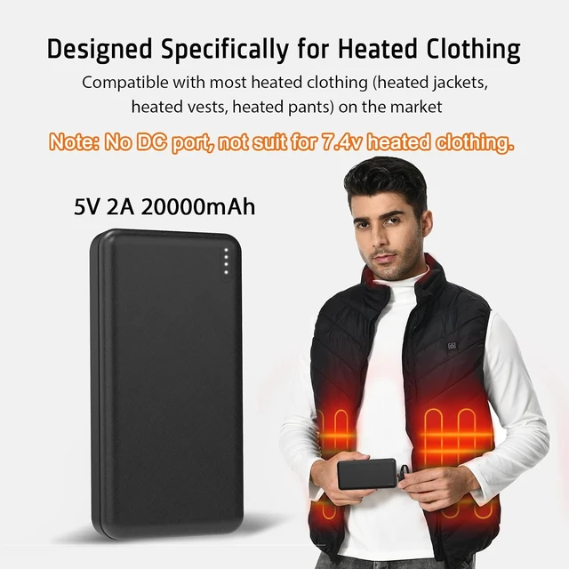 Alt view image 2 of 7 - Whsahans 5V 2A 20000mah Heated Vest Heated Jacket Battery Pack Power Bank Rechargeable Battery for for Heated Vests Heated Jackets Heated Hoodies for Men Women(No DC Port, Not Suit for 7.4v)