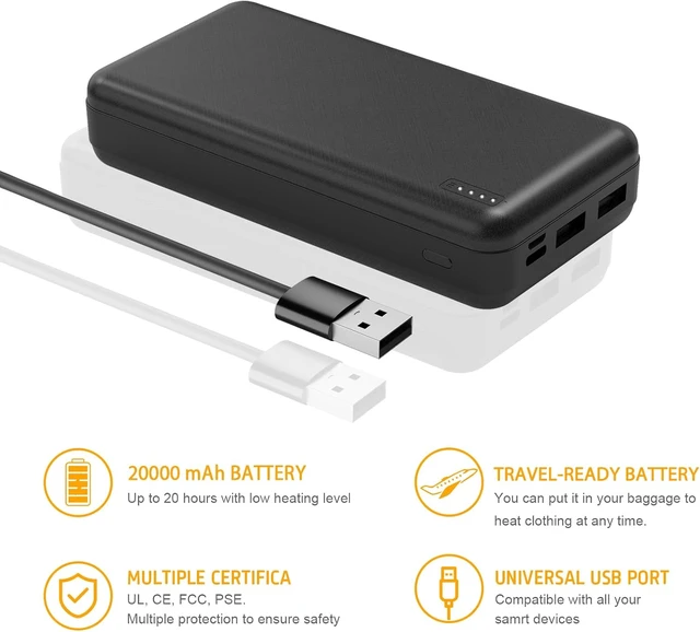 Alt view image 6 of 7 - Whsahans 5V 2A 20000mah Heated Vest Heated Jacket Battery Pack Power Bank Rechargeable Battery for for Heated Vests Heated Jackets Heated Hoodies for Men Women(No DC Port, Not Suit for 7.4v)
