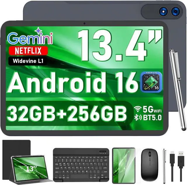 Main image of 13 Inch Tablet, Android 16 Tablet with Keyboard, 32GB+256GB+2TB Expand, 120Hz 1920x1200 IPS Display, Gemini AI, 10000mAh, 8-Core, Wi-Fi, GPS, Large Screen 2K Tablet PC with Case, Mouse, Stylus(Black)
