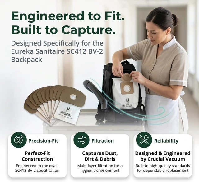 Alt view image 2 of 7 - 20 Replacement Vacuum Bags Compatible with Eureka Part # 62370, B352-2500 Fits Models SC412 Fits Models Eureka BV-2, Sanitaire, Backpack, Carpet Pro, Piranha, Tornado