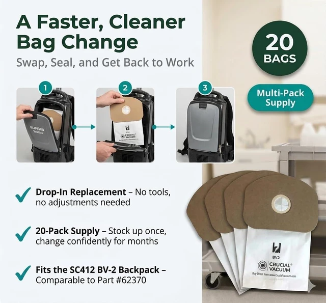 Alt view image 3 of 7 - 20 Replacement Vacuum Bags Compatible with Eureka Part # 62370, B352-2500 Fits Models SC412 Fits Models Eureka BV-2, Sanitaire, Backpack, Carpet Pro, Piranha, Tornado