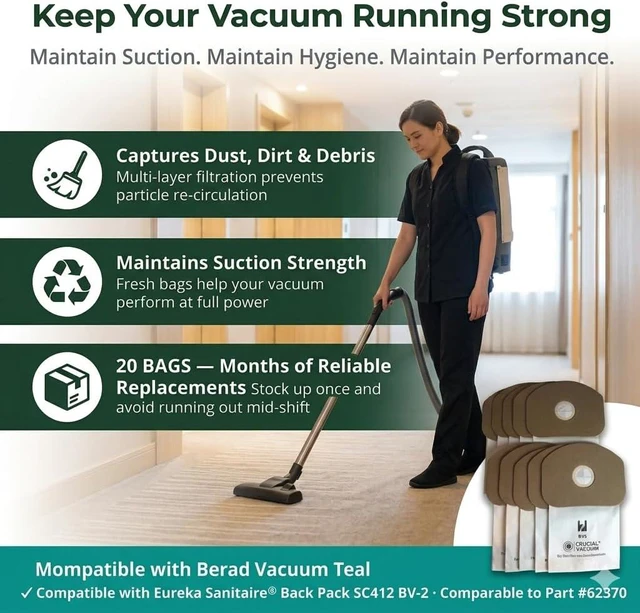 Alt view image 4 of 7 - 20 Replacement Vacuum Bags Compatible with Eureka Part # 62370, B352-2500 Fits Models SC412 Fits Models Eureka BV-2, Sanitaire, Backpack, Carpet Pro, Piranha, Tornado