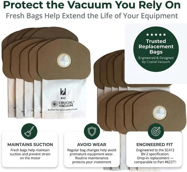 Alt view image 6 of 7 - 20 Replacement Vacuum Bags Compatible with Eureka Part # 62370, B352-2500 Fits Models SC412 Fits Models Eureka BV-2, Sanitaire, Backpack, Carpet Pro, Piranha, Tornado