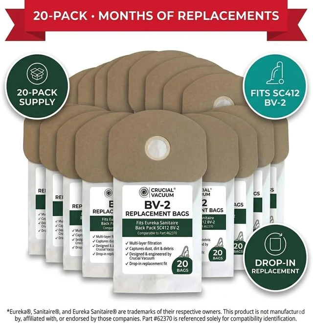 Alt view image 7 of 7 - 20 Replacement Vacuum Bags Compatible with Eureka Part # 62370, B352-2500 Fits Models SC412 Fits Models Eureka BV-2, Sanitaire, Backpack, Carpet Pro, Piranha, Tornado