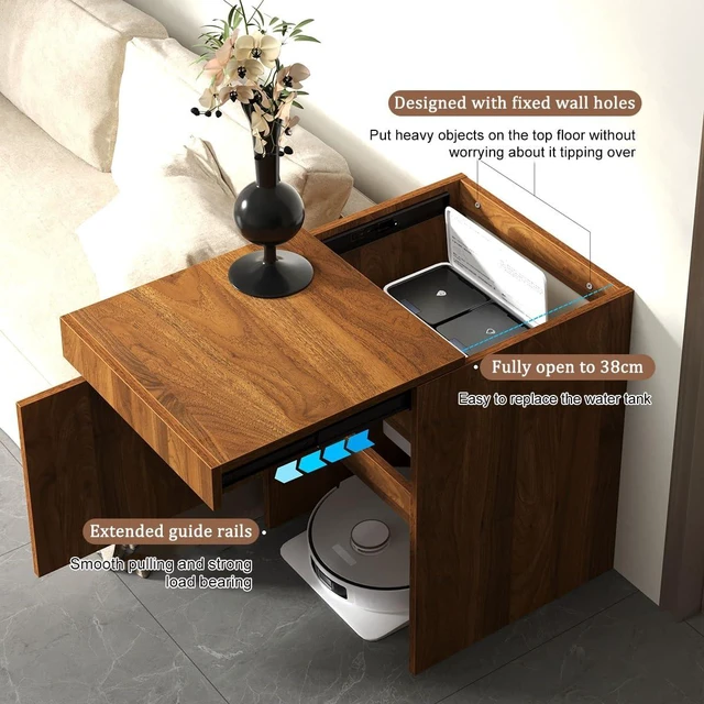 Alt view image 3 of 6 - Robot Vacuum Stand Cabinet,Storage Cabinet with Doors for Robot Vacuum Cleaner,End Side Table for Home Office,Wood Freestanding Rack for Living Room Home Office Kitchen(Brown)