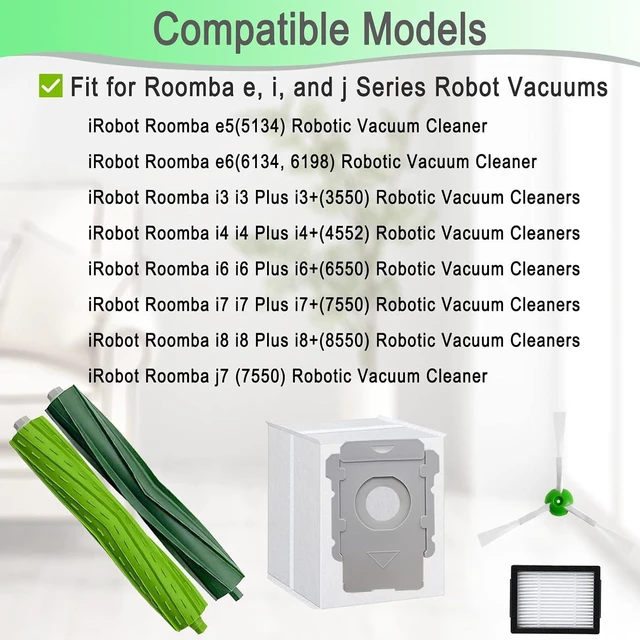 Alt view image 2 of 6 - 26 Pack Replacement Parts accessories for iRobot Roomba i3 i3+ i4 i6 i6+ i7 i7+ E5 E6 E7 j7 I & E j Series Vacuum Cleaner,2 Set Rubber Brushes,8 Vacuum Filters,8 Side Brushes,8 Vacuum Bags