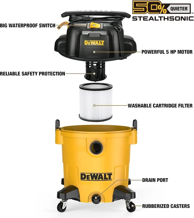 Alt view image 4 of 7 - DEWALT Shop Vac 16Gallon STEALTHSONIC Ultra Quiet Wet/Dry Vacuum DXV16P-QTA