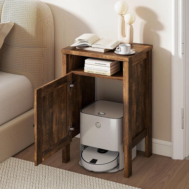 Alt view image 2 of 7 - Giantex Robot Vacuum Storage Cabinet, Farmhouse End Table with Anti-Tipping Device, Anti-slip Foot Pads, Nightstand, Space-Saving Sweeping Robot Stand for Small Space, Bedroom, Kitchen, Office (Brown)
