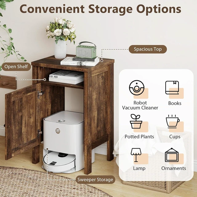 Alt view image 4 of 7 - Giantex Robot Vacuum Storage Cabinet, Farmhouse End Table with Anti-Tipping Device, Anti-slip Foot Pads, Nightstand, Space-Saving Sweeping Robot Stand for Small Space, Bedroom, Kitchen, Office (Brown)