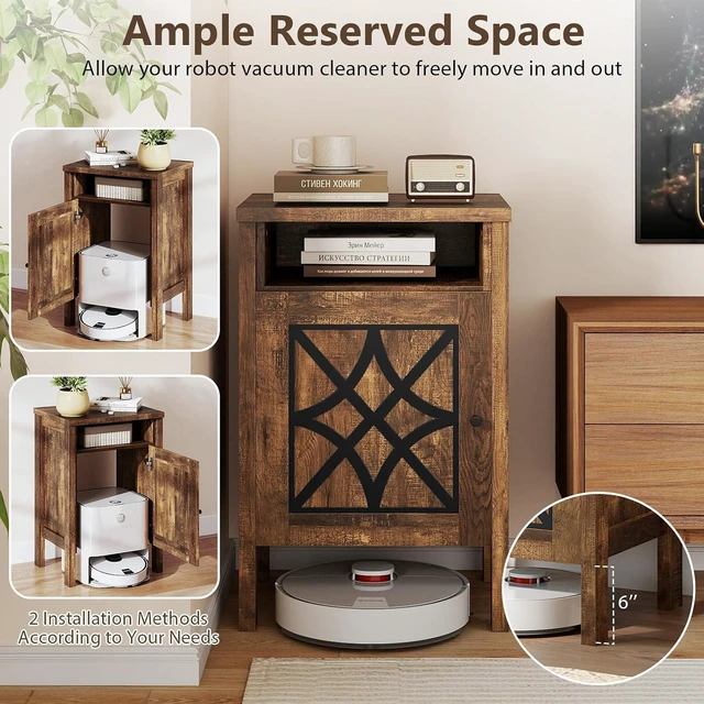 Alt view image 5 of 7 - Giantex Robot Vacuum Storage Cabinet, Farmhouse End Table with Anti-Tipping Device, Anti-slip Foot Pads, Nightstand, Space-Saving Sweeping Robot Stand for Small Space, Bedroom, Kitchen, Office (Brown)