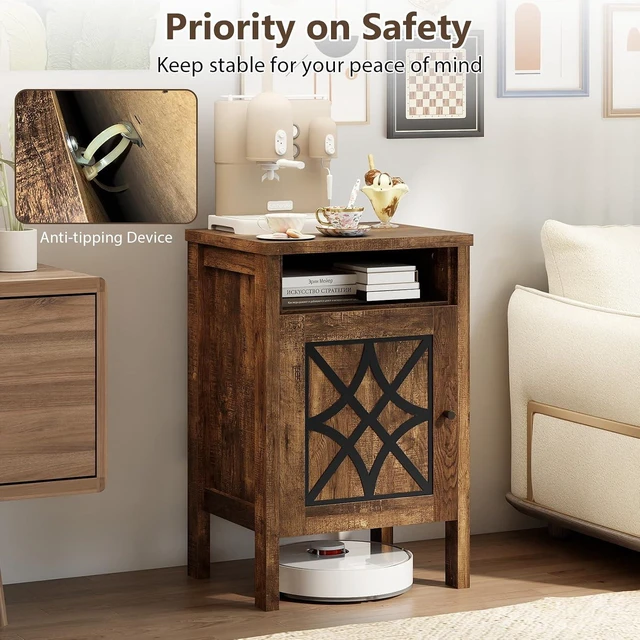 Alt view image 6 of 7 - Giantex Robot Vacuum Storage Cabinet, Farmhouse End Table with Anti-Tipping Device, Anti-slip Foot Pads, Nightstand, Space-Saving Sweeping Robot Stand for Small Space, Bedroom, Kitchen, Office (Brown)