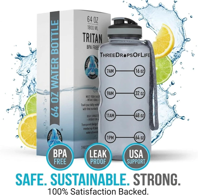 Alt view image 5 of 7 - Three Drops of Life 64oz Tritan Plastic Water Bottle, Large, Smoke Gray, High Capacity Hydration Tracker, BPA Free, Reusable, Best for Indoor, Outdoor, Sports Use