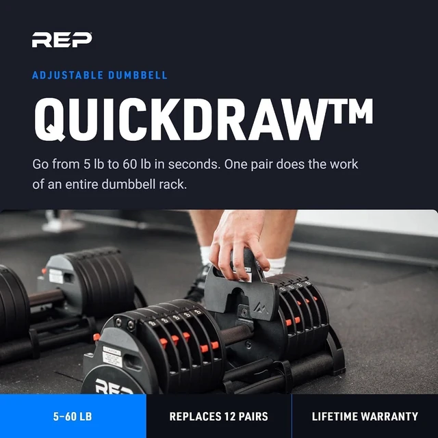 Alt view image 2 of 7 - REP Fitness QuickDraw Adjustable Dumbbell Set, Pair, 30/40/50/60 lb Each, Steel Plates, Knurled Handle, Lock-N-Load Switch, Space-Saving Compact Free Weights, Strength Training, Home Gym, Men & Women