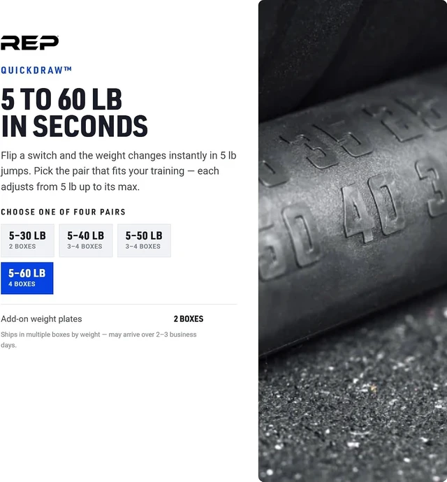 Alt view image 3 of 7 - REP Fitness QuickDraw Adjustable Dumbbell Set, Pair, 30/40/50/60 lb Each, Steel Plates, Knurled Handle, Lock-N-Load Switch, Space-Saving Compact Free Weights, Strength Training, Home Gym, Men & Women