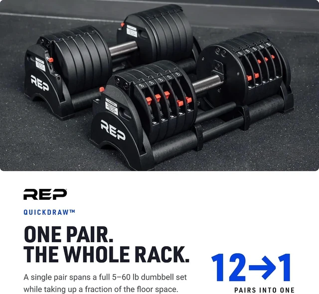 Alt view image 6 of 7 - REP Fitness QuickDraw Adjustable Dumbbell Set, Pair, 30/40/50/60 lb Each, Steel Plates, Knurled Handle, Lock-N-Load Switch, Space-Saving Compact Free Weights, Strength Training, Home Gym, Men & Women