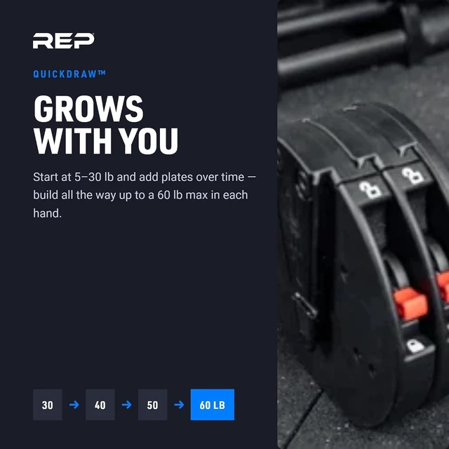 Alt view image 7 of 7 - REP Fitness QuickDraw Adjustable Dumbbell Set, Pair, 30/40/50/60 lb Each, Steel Plates, Knurled Handle, Lock-N-Load Switch, Space-Saving Compact Free Weights, Strength Training, Home Gym, Men & Women