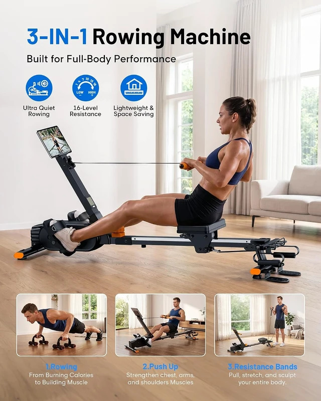 Alt view image 3 of 7 - 2026update Magnetic Rowing Machines for Home,Rower Machine with 16 Levels,Powerful Silent Magnetic Resistance,350lbs Weight Capacity,LCD Monitor,Silent Rail System,Row Machine for Home Gym Exercise