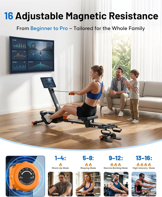 Alt view image 5 of 7 - 2026update Magnetic Rowing Machines for Home,Rower Machine with 16 Levels,Powerful Silent Magnetic Resistance,350lbs Weight Capacity,LCD Monitor,Silent Rail System,Row Machine for Home Gym Exercise
