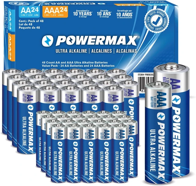 Main image of Powermax Alkaline Batteries 48-Count Combo Pack (24 Double AA, 24 Triple AAA), Ultra Long Lasting Battery for Home and Office, 10-Year Shelf Life, Reclosable Packaging