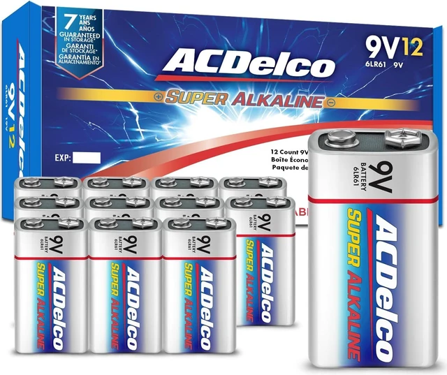 Main image of ACDelco 12-Count 9 Volt Batteries, Maximum Power Super Alkaline Battery, 7-Year Shelf Life, Recloseable Packaging