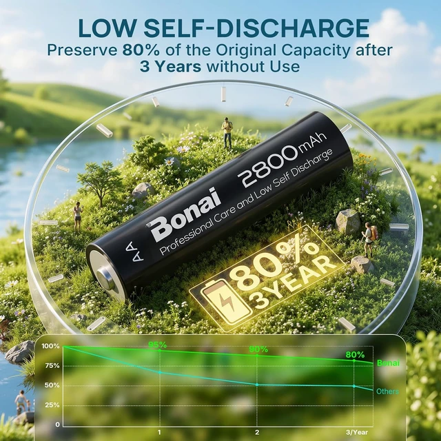 Alt view image 3 of 6 - BONAI Rechargeable AA Batteries High-Capacity 2800mAh, Recharge up to 1200x Times, NiMH Battery Low Self Discharge Pre-Charge Double AA Battery 24 Count