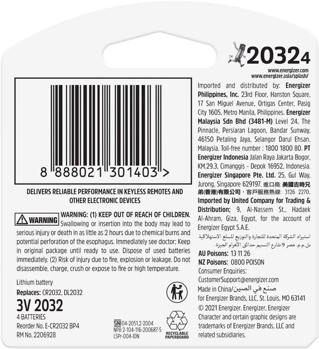 Alt view image 2 of 7 - Energizer 2032 Batteries, 3V Lithium Coin Batteries, 4 Count (Pack of 2)