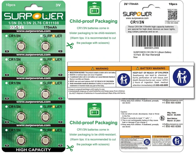 Alt view image 2 of 6 - SURPOWER CR1/3N 3V Lithium Battery 10-Pack for Laser & Pet Devices