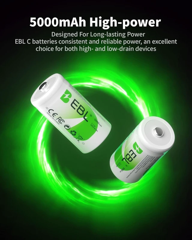 Alt view image 2 of 7 - EBL Rechargeable C Batteries 5000mAh Ni-MH C Size Battery, Pack of 8