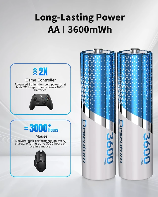 Alt view image 3 of 7 - 8 Pack 1.5V Rechargeable AA Batteries Lithium 3600mWh