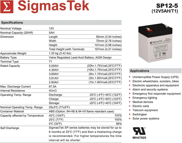Alt view image 3 of 7 - SigmasTek Leoch DJW12-4.5 Compatible Battery, 12V 5Ah F1