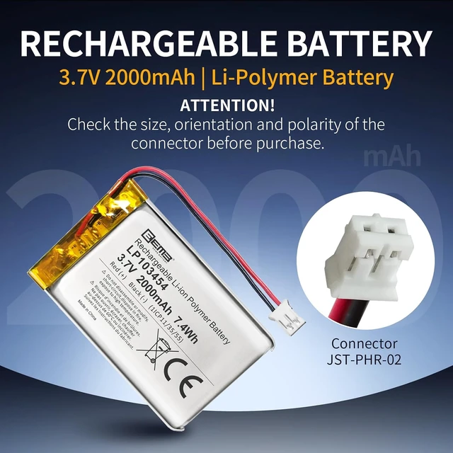 Alt view image 3 of 7 - EEMB 3.7V 103454 2000mAh Lipo Battery Rechargeable JST 2.0mm 1-Pack
