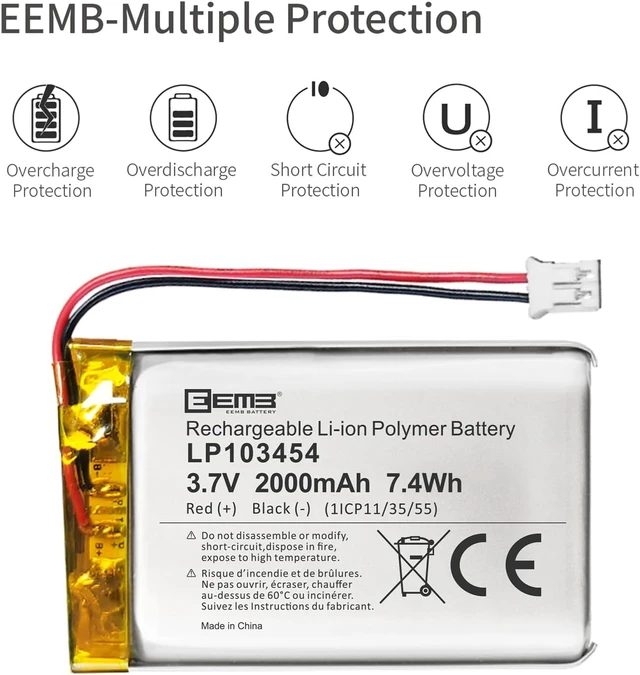 Alt view image 7 of 7 - EEMB 3.7V 103454 2000mAh Lipo Battery Rechargeable JST 2.0mm 1-Pack